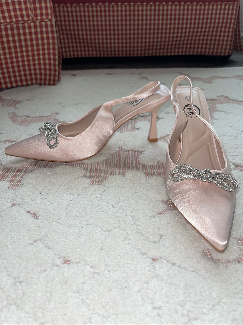 Nina Blush Pink Satin Pointed-Toe Slingback Heels with Crystal Bow
